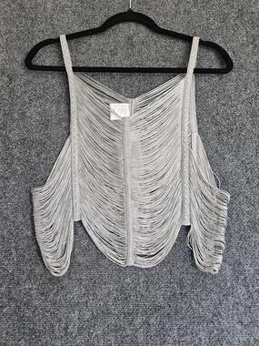 Bless Gray Fringe Crop Top Sleeveless Boho Festival Beach Cover-Up Size M NWT